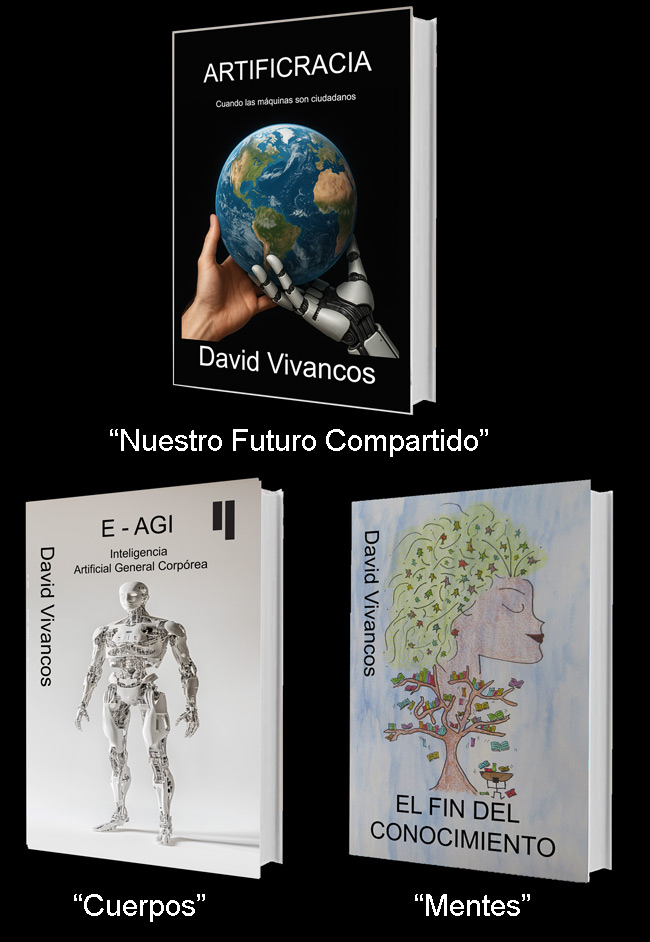Book covers: Artificracy, E-AGI, The End of Knowledge