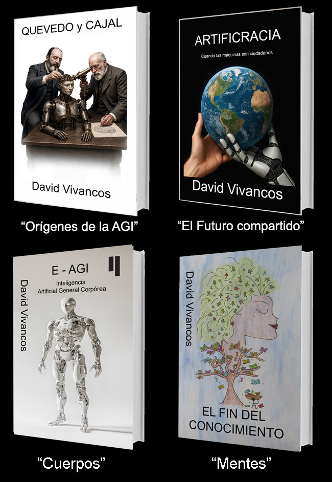 Book covers: Artificracy, E-AGI, The End of Knowledge